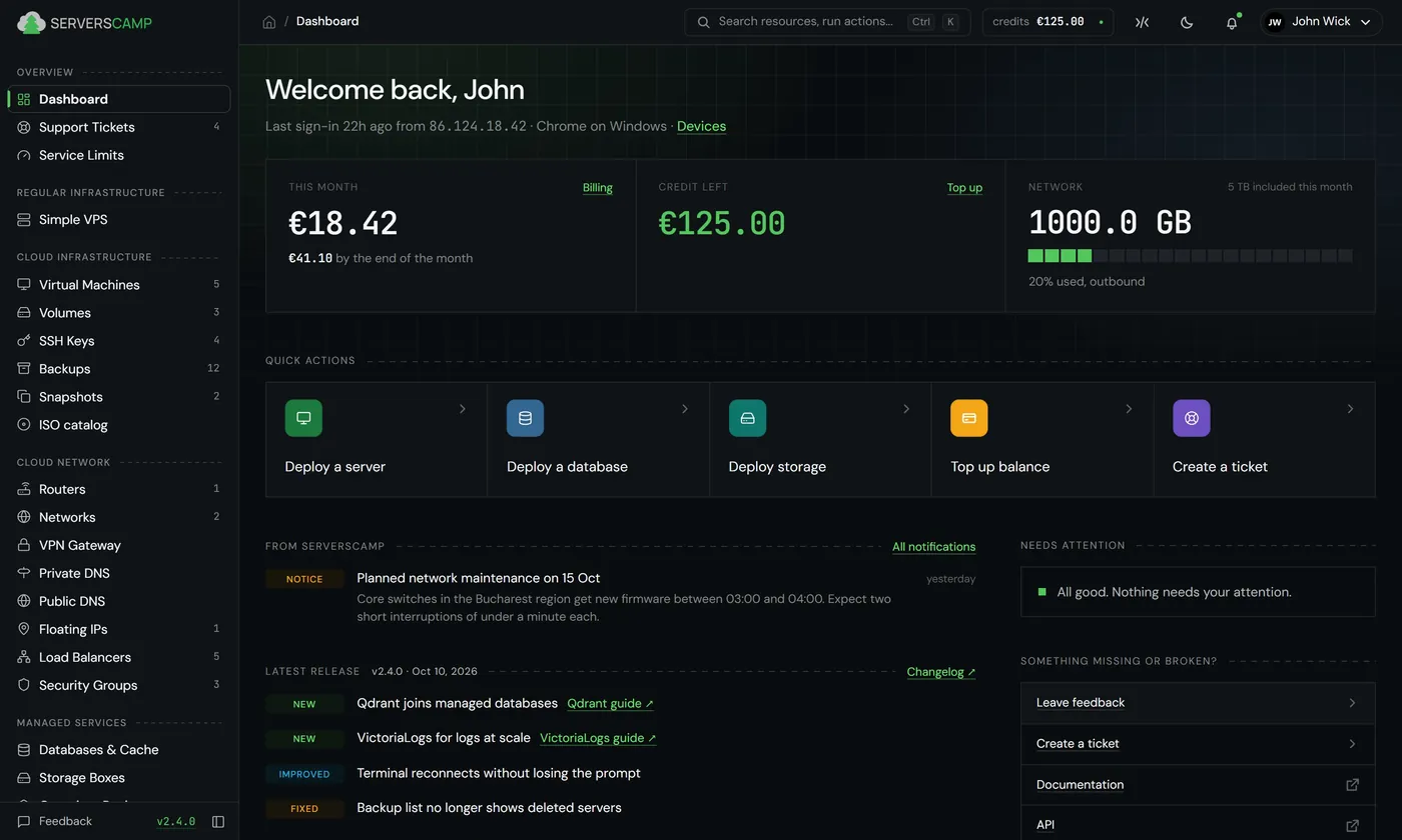 Dashboard page of the ServersCamp Cloud Panel