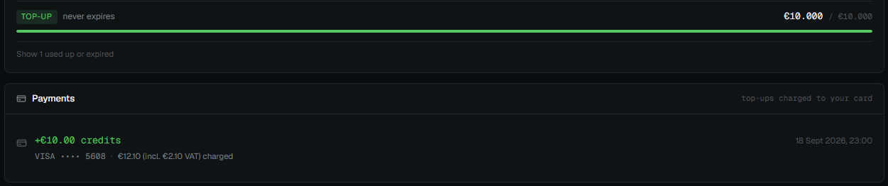A completed top-up on the Billing page